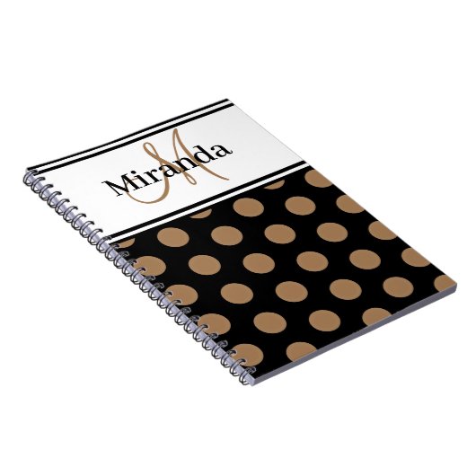 Script Monogram Bruin Polka Dots Zwart Wit Notitieboek (Rechterzijde)
