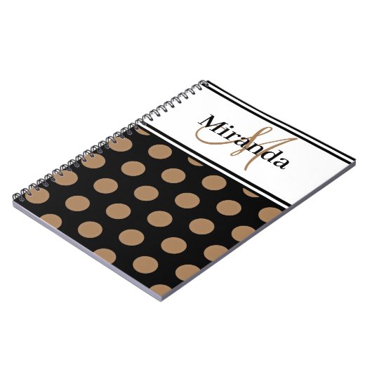 Script Monogram Bruin Polka Dots Zwart Wit Notitieboek (Linkerzijde)