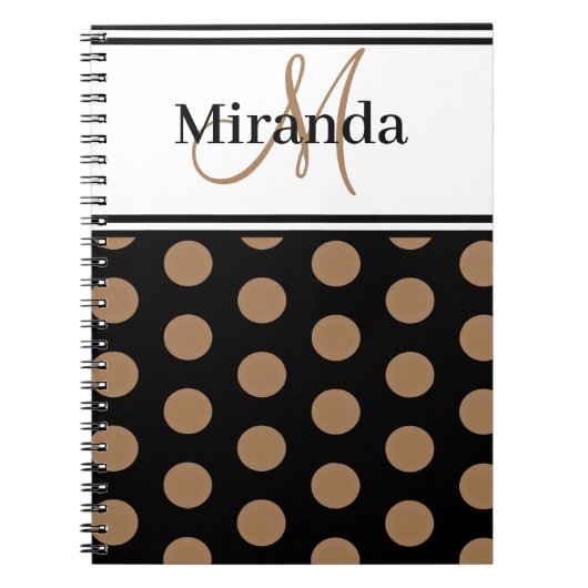 Script Monogram Bruin Polka Dots Zwart Wit Notitieboek (Voorkant)