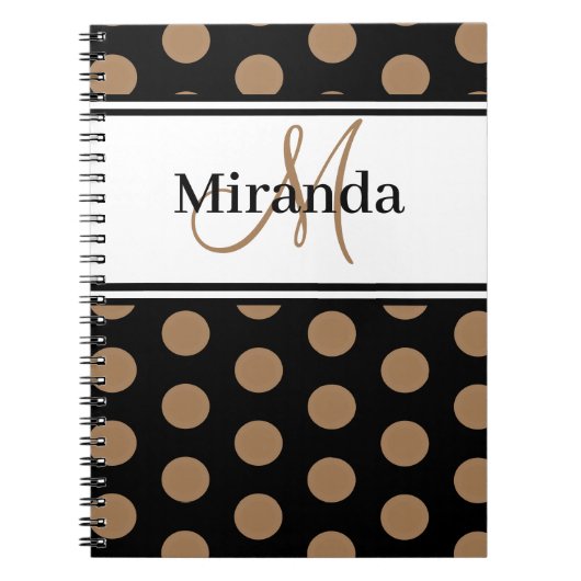 Script Monogram Bruin Polka Dots Zwart Wit Notitieboek (Voorkant)