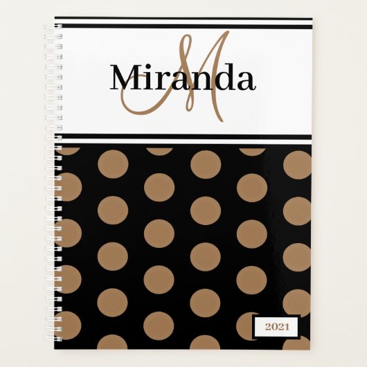 Script Monogram Bruin Polka Dots Zwart Wit Planner (Voorkant)