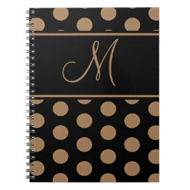 Script Monogram Bruine Polka Dots op Zwart Notitieboek