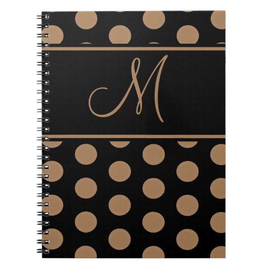 Script Monogram Bruine Polka Dots op Zwart Notitieboek (Voorkant)