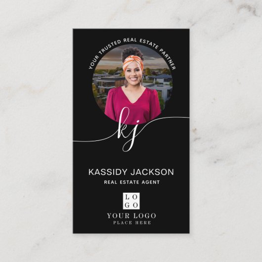 Script Monogram Circle Business Photo Logo QR-code Visitekaartje (Voorkant)