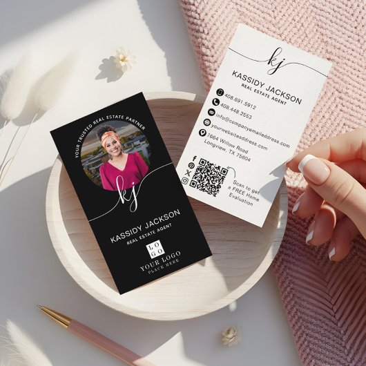 Script Monogram Circle Business Photo Logo QR-code Visitekaartje