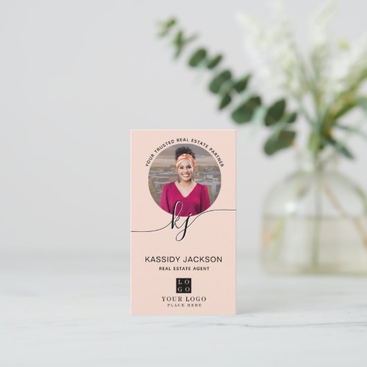 Script Monogram Circle Business Photo Logo QR-code Visitekaartje (Staand voorkant)