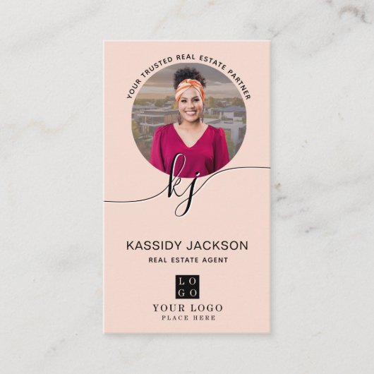 Script Monogram Circle Business Photo Logo QR-code Visitekaartje (Voorkant)