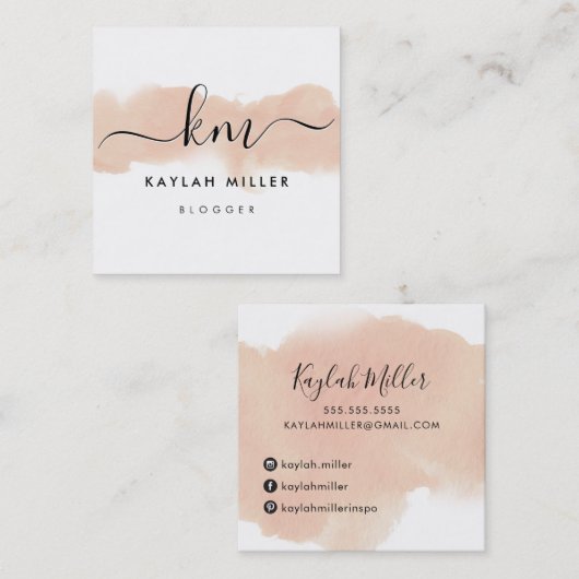 SCRIPT MONOGRAM elegante initialen blush waterverf Vierkante Visitekaartje (Voorkant / Achterkant)