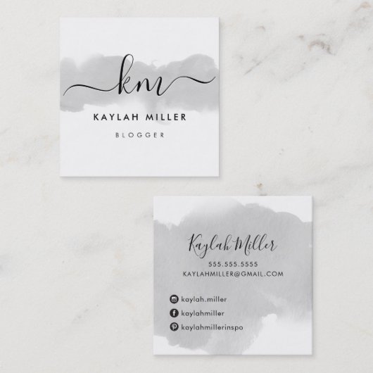 SCRIPT MONOGRAM elegante initialen grijs waterverf Vierkante Visitekaartje (Voorkant / Achterkant)