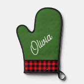 Script monogram, groen en rood buffel plaid ovenwant (Voorkant)