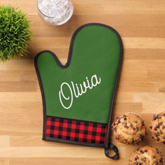 Script monogram, groen en rood buffel plaid ovenwant (Top down)