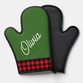 Script monogram, groen en rood buffel plaid ovenwant