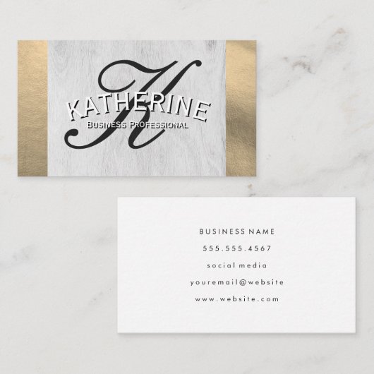 Script Monogram | Houtnerf | Goud Folie Visitekaartje (Voorkant / Achterkant)