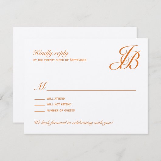 Script Monogram Huwelijks RSVP Kaart (Oranje) (Voorkant / Achterkant)