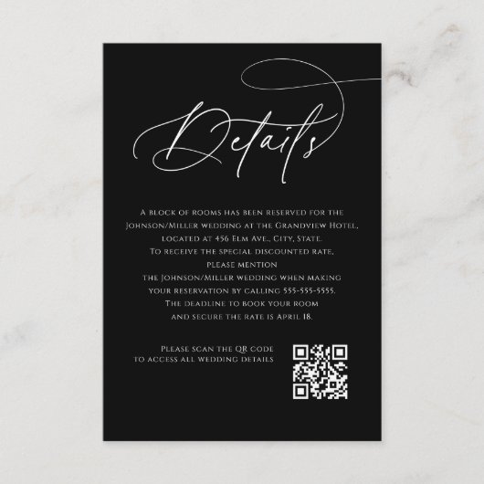 Script Monogram Huwelijksdetails Zwarte QR-code Informatiekaartje (Voorkant)