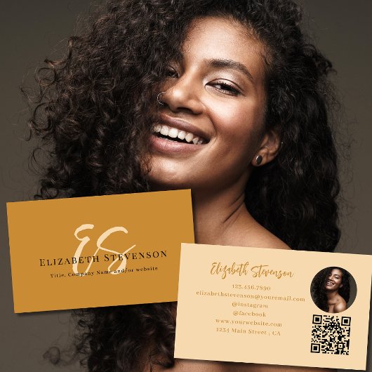 Script Monogram QR Code Foto Tan Bruin Meisjesacht Visitekaartje