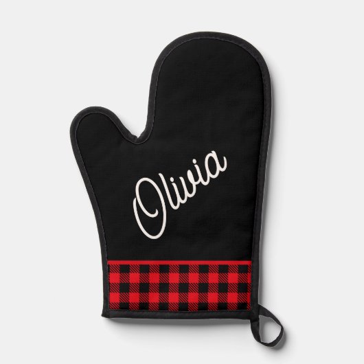 Script monogram, rode buffel plaid ovenwant (Voorkant)