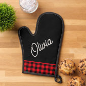 Script monogram, rode buffel plaid ovenwant (Top down)