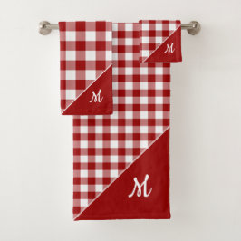 Script Monogram Rood Wit Buffel Plaid Patroon Bad Handdoek