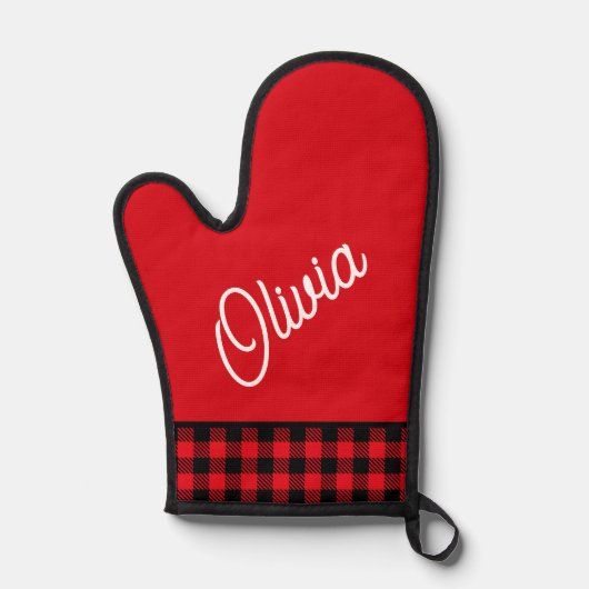 Script monogram, rood zwart buffel plaid ovenwant (Voorkant)