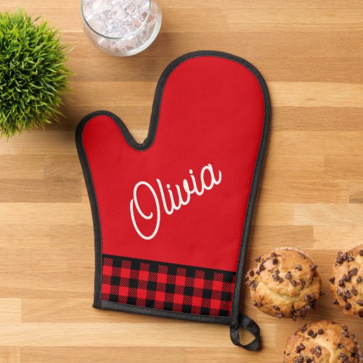 Script monogram, rood zwart buffel plaid ovenwant (Top down)