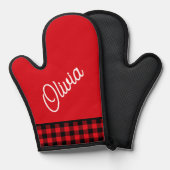 Script monogram, rood zwart buffel plaid ovenwant (Voorkant / Achterkant)