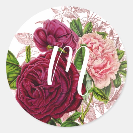 Script Monogram | Roze & Bordeaux Bloemen Ronde Sticker (Voorkant)