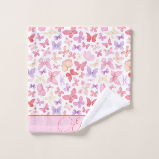 Script Monogram Roze Paars Geel Vlinders  Bad Handdoek (Wasdoekje)