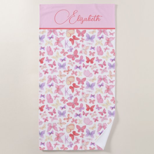 Script Monogram Roze Paars Gele Vlinders Strandlaken (Voorkant)