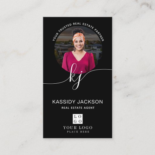 Script Monogram Vastgoed Foto Logo QR Code Visitekaartje (Voorkant)