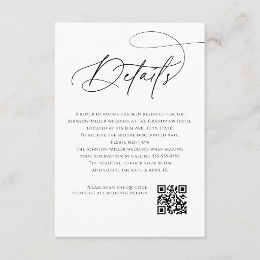Script Monogram Wedding Details White QR Code Informatiekaartje (Voorkant)