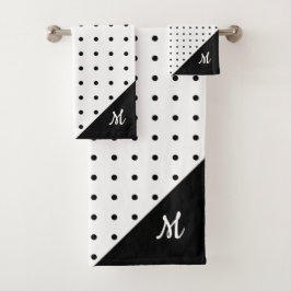 Script Monogram Zwart op wit Polka Dot Patroon Bad Handdoek