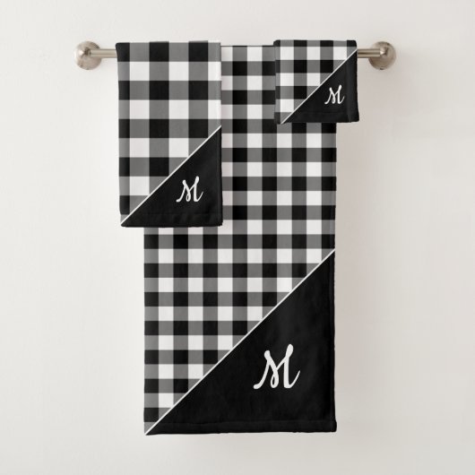 Script Monogram Zwart Wit Buffel Plaid Patroon Bad Handdoek (Insitu)