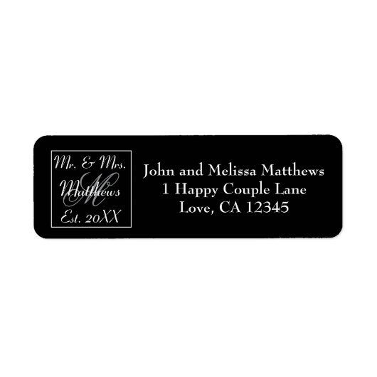 Script Mr en Mrs Monogram Trouwdag Zwart Etiket (Voorkant)