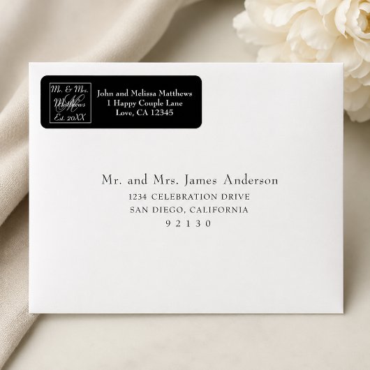 Script Mr en Mrs Monogram Trouwdag Zwart Etiket