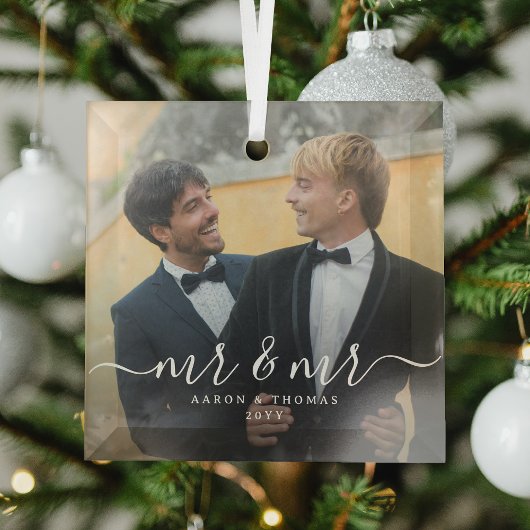 Script Mr & Mr Newlyweds Photo Christmas Glas Ornament