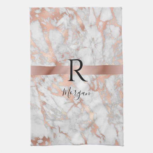 Script Naam/Blk Monogram, Wit & Roze Goud Marmer Theedoek (Verticaal)
