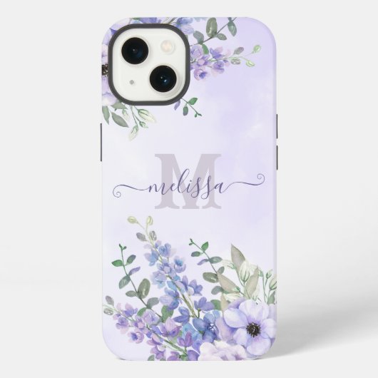 Script Naam Blush Paarse Wildflower Monogram iPhone Hoesje (Achterkant)