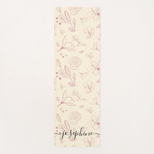 Script naam custom Roze florals op beige crème Yogamat (Voorkant)