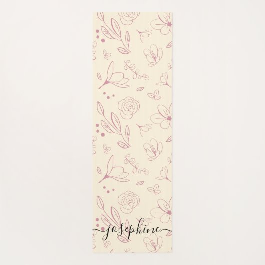 Script naam custom Roze florals op beige crème Yogamat (Achterkant)