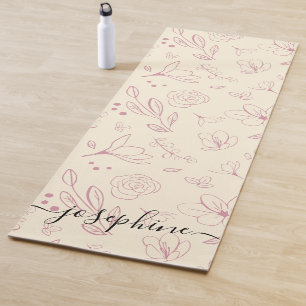 Script naam custom Roze florals op beige crème Yogamat