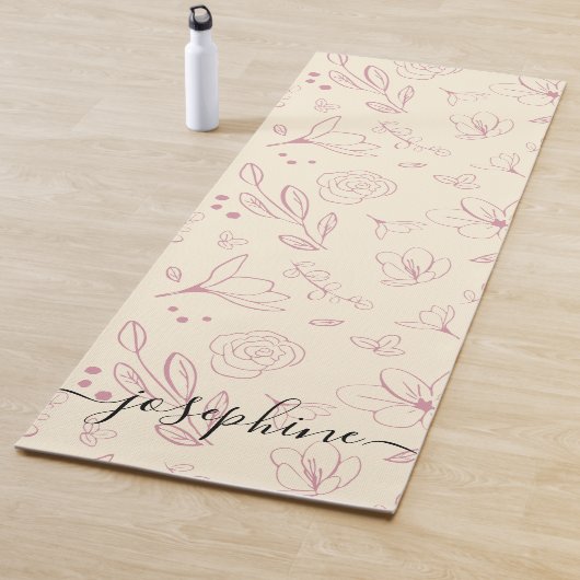 Script naam custom Roze florals op beige crème Yogamat (In situ)