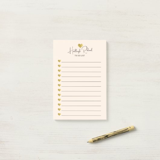 Script Naam Gouden Hart Monogram Perzik Post-it® Notes (Op bureau)