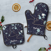 Script naam moderne schattige marine gouden boom b ovenwant & pannenlap set