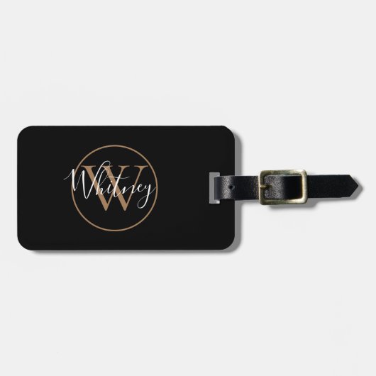 Script Naam Monogram Zwarte Gouden Bagage Label (Voorkant horizontaal)