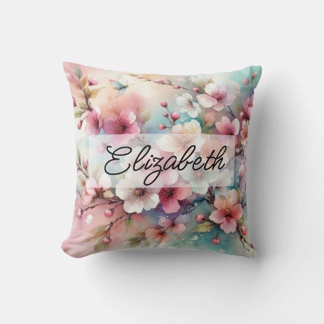 Script naam op  waterverf roze bloemen kussen (Voorkant)