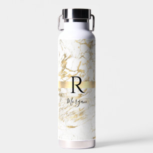 Script Name & Black Monogram, White & Gold Marble Waterfles