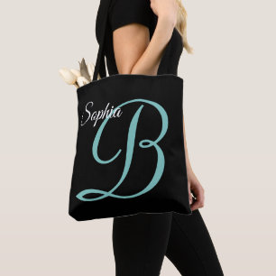 Script Name & Monogram op Black Tote Bag