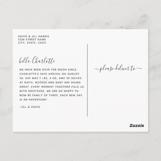 Script Name Photo Birth Announcement Briefkaart (Achterkant)