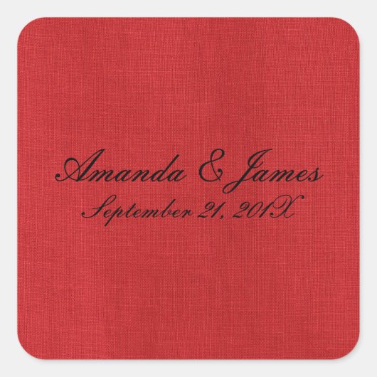 Script Namen Datum Rood Linnen Textuur Foto Bruilo Vierkante Sticker (Voorkant)